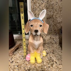 Adorable Easter Tan Dog Figurine with Bunny Ears and Yellow Boots